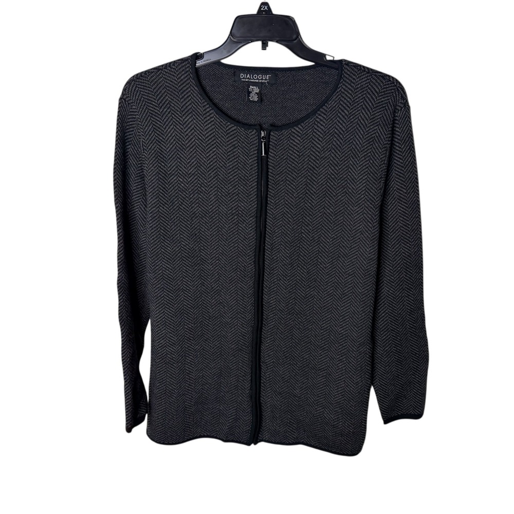 Dialogue Womens Small Merino Wool Blend Full Zip Herringbone Sweater Charcoal